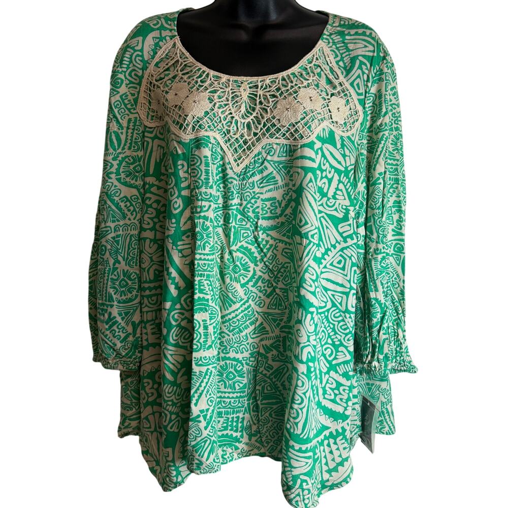 Style & Co Green Boho Tunic Top Large Tribal Print Crochet Neck Peasant NWT